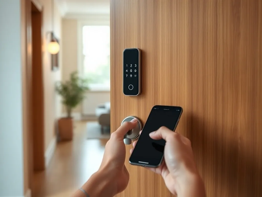 Nowoczesny zamek smart na drzwiach, użytkownik przykłada smartfon, w tle przytulne, dobrze oświetlone wnętrze domu.