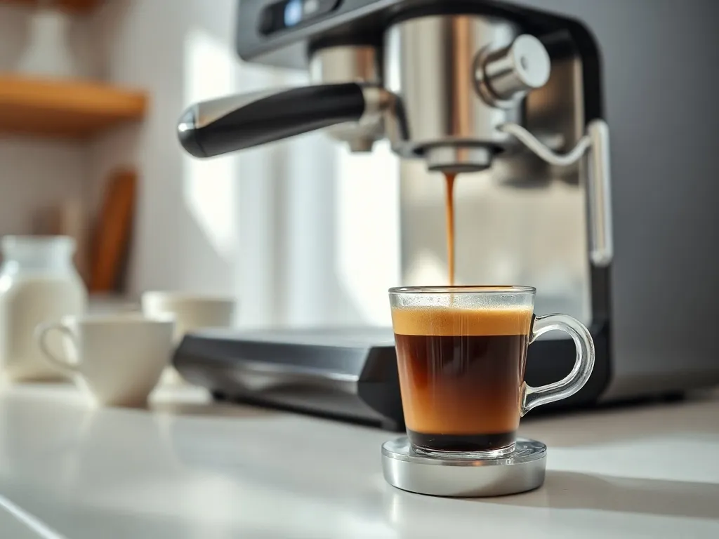 Ekspres kolbowy w domowej kuchni parzy espresso do białej filiżanki, ilustrując wybór sprzętu do domu.