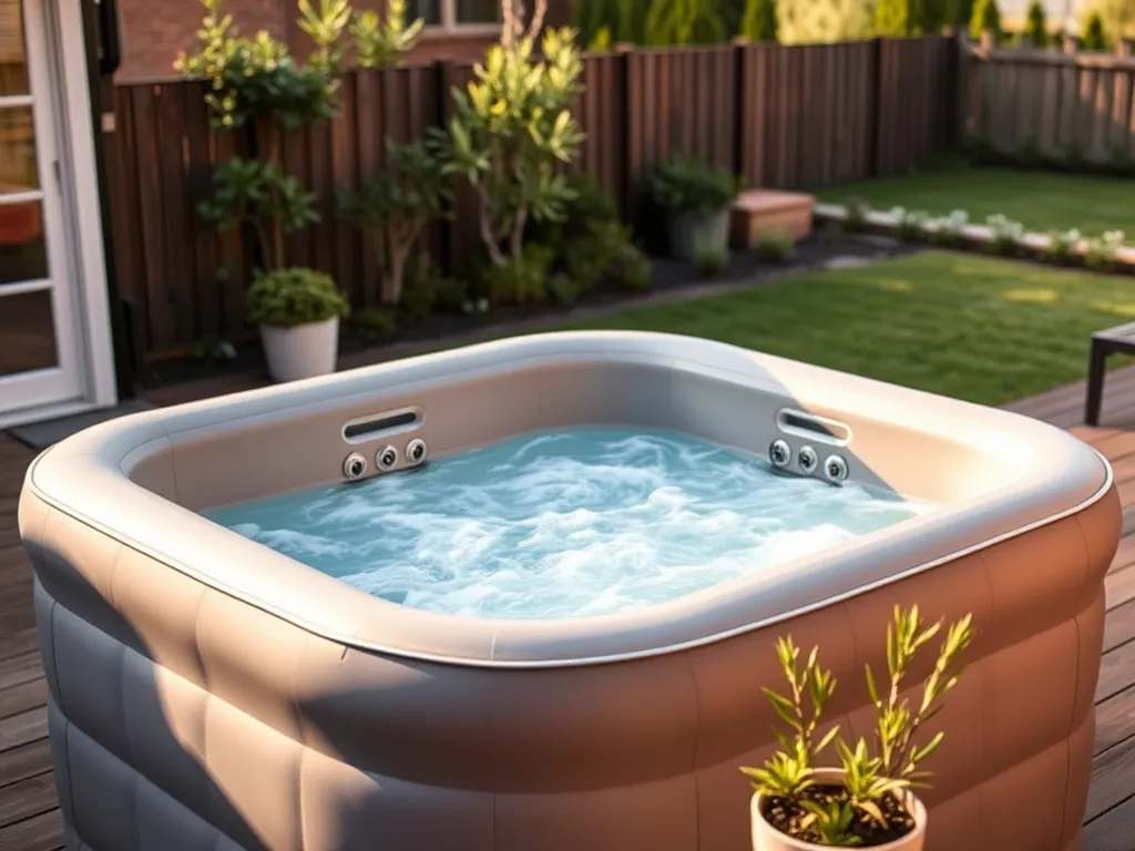 Nowoczesne jacuzzi ogrodowe na drewnianym tarasie, z bąbelkami i parą, w spokojnym, zielonym otoczeniu ogrodu