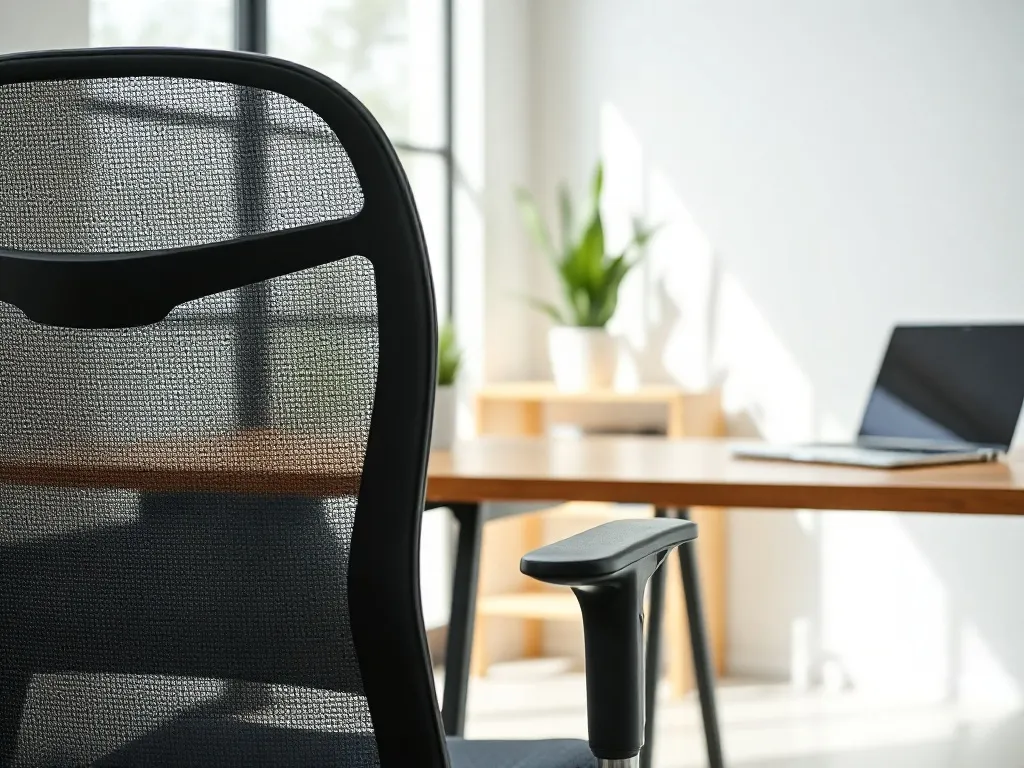 Ergonomiczny fotel biurowy z regulowanymi podłokietnikami przy biurku w jasnym, minimalistycznym home office.