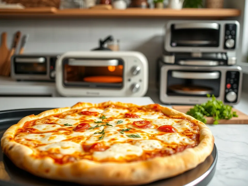 Domowy piec do pizzy na blacie z upieczoną pizzą, w tle kilka kompaktowych modeli w nowoczesnej kuchni
