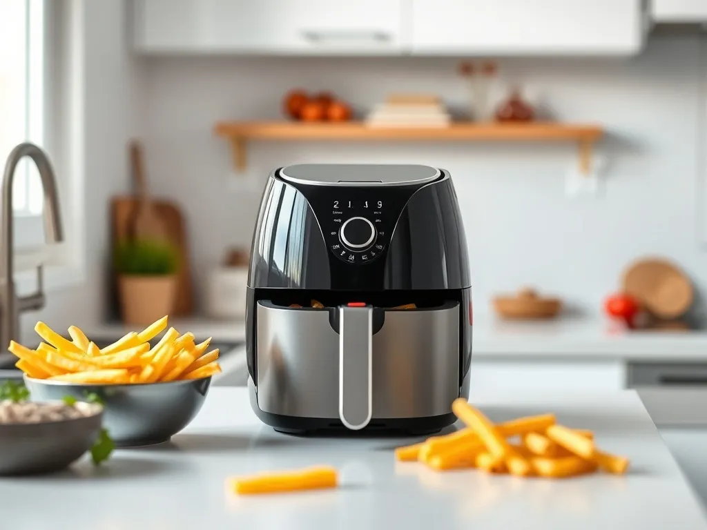 Elegancki airfryer na blacie nowoczesnej kuchni, obok miseczka chrupiących frytek i warzyw, jasne, przytulne wnętrze.