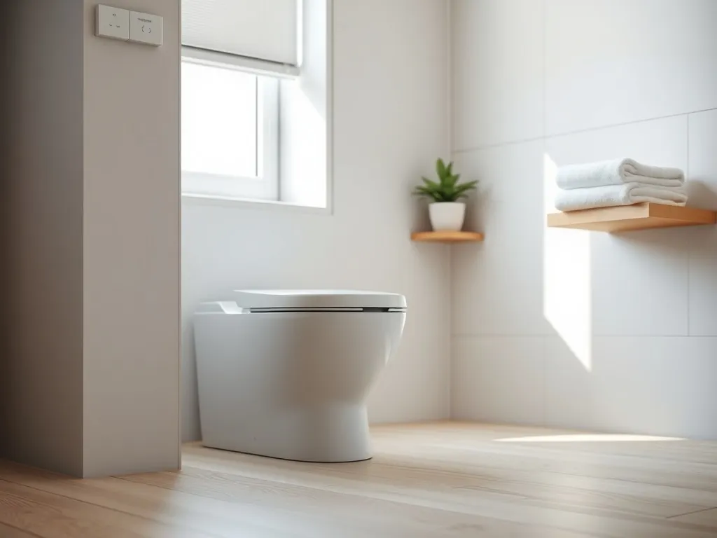 Nowoczesna toaleta myjąca w minimalistycznej, jasnej łazience, podkreślająca design i komfort użytkowania.