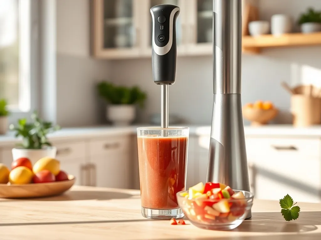 Nowoczesny blender ręczny na blacie obok smoothie i owoców, w jasnej kuchni – ilustracja do rankingu blenderów.