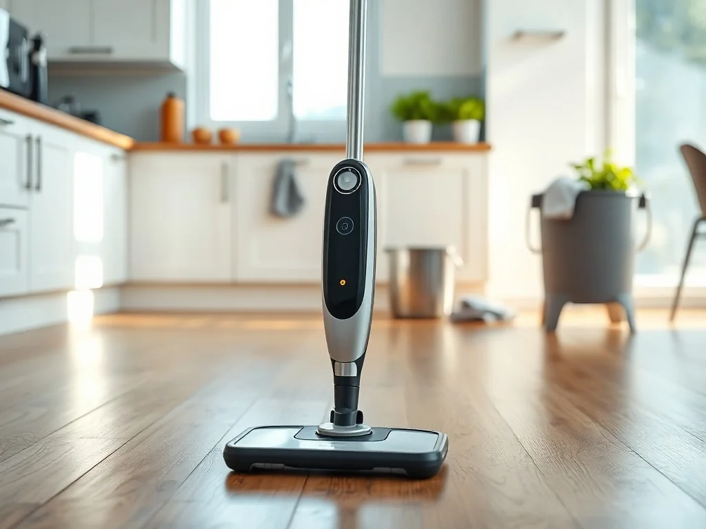 Elegancki mop elektryczny na lśniącej podłodze w nowoczesnej kuchni, podkreślający efekt dokładnego sprzątania.