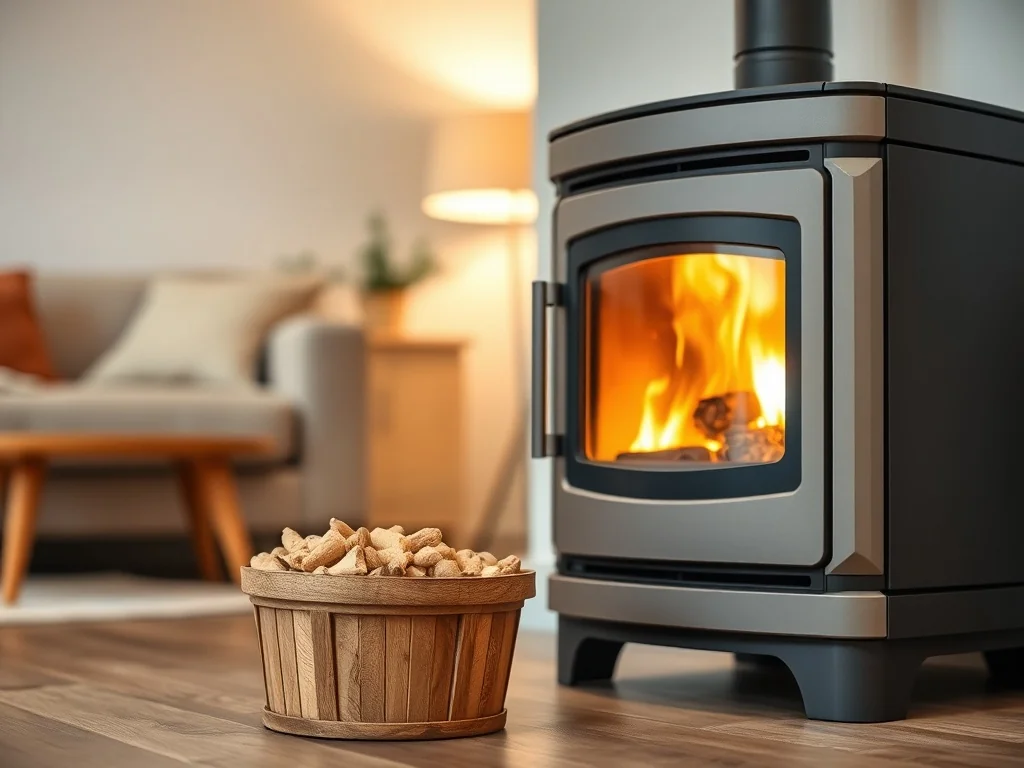 Nowoczesny piec na pellet 10 kW w przytulnym salonie, widoczny płomień i wiaderko pelletu obok urządzenia.