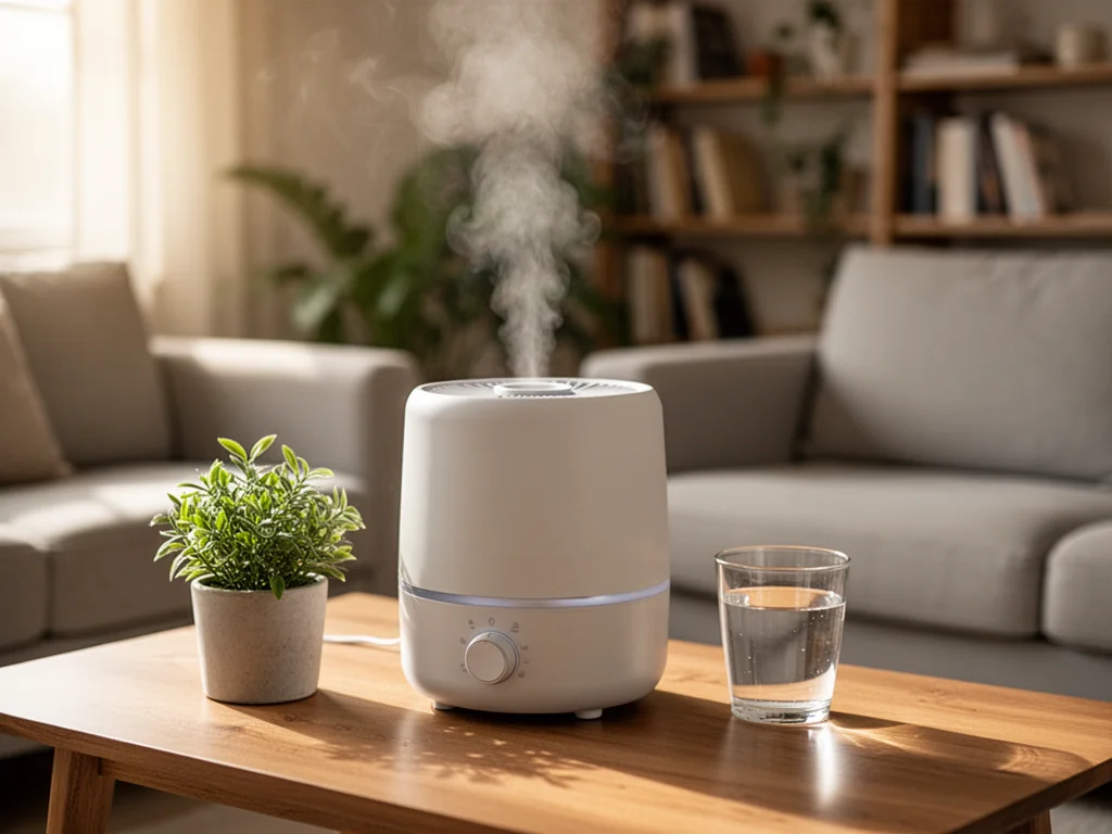 Nowoczesny nawilżacz ewaporacyjny w przytulnym salonie, delikatna para podkreśla jego działanie i domową atmosferę.