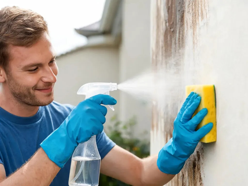 Mężczyzna czyści elewację domu środkiem w sprayu, ukazany wyraźny kontrast między zabrudzoną a umytą powierzchnią.