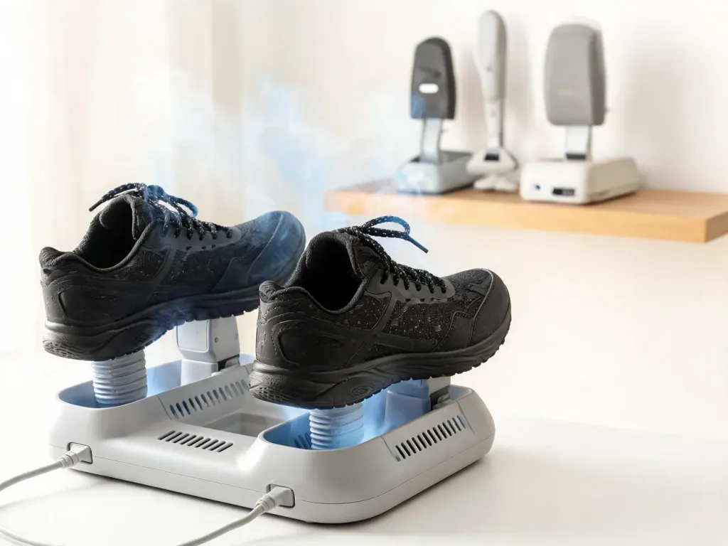 Nowoczesna suszarka do butów z ozonem z parą przy sneakersach, w tle inne modele na półce w jasnym, czystym wnętrzu.
